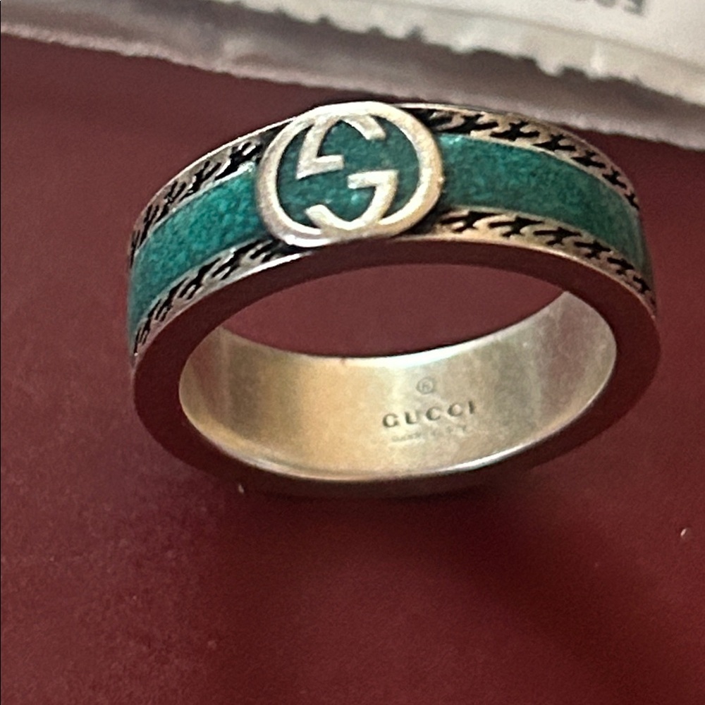 Gucci GG Sterling Silver Enamel Ring AG 925 Green Turquoise 645573 - Picture 3 of 16